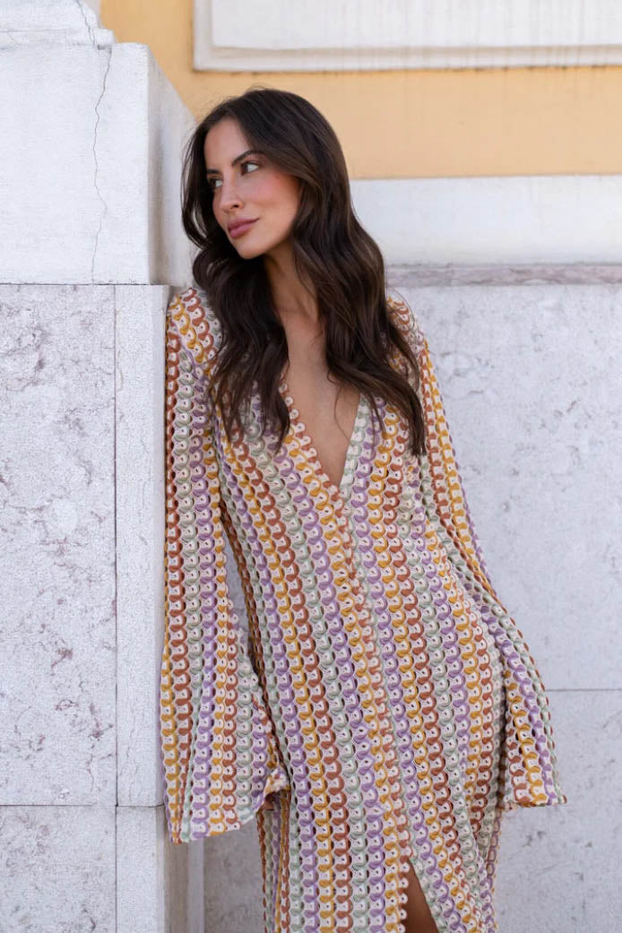 Crochet Deep V-Neck Long Sleeve Striped Boho Maxi Dress - View 5