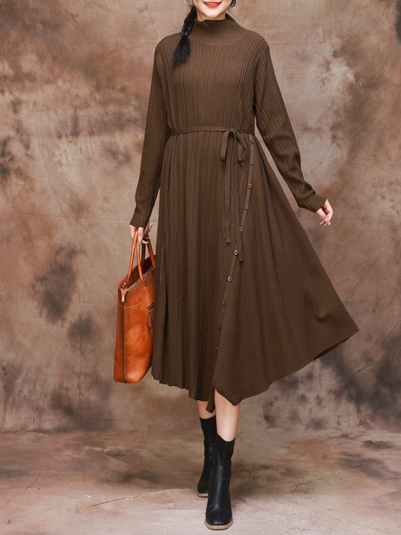 Solid Color Collar A-Line Dress with Thin Belt for Women - Fashionpara
