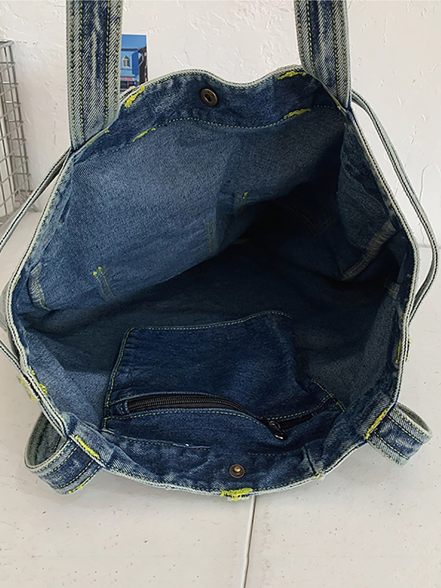 Vintage Solid Pocket Denim Handbag Shoulder Bag
