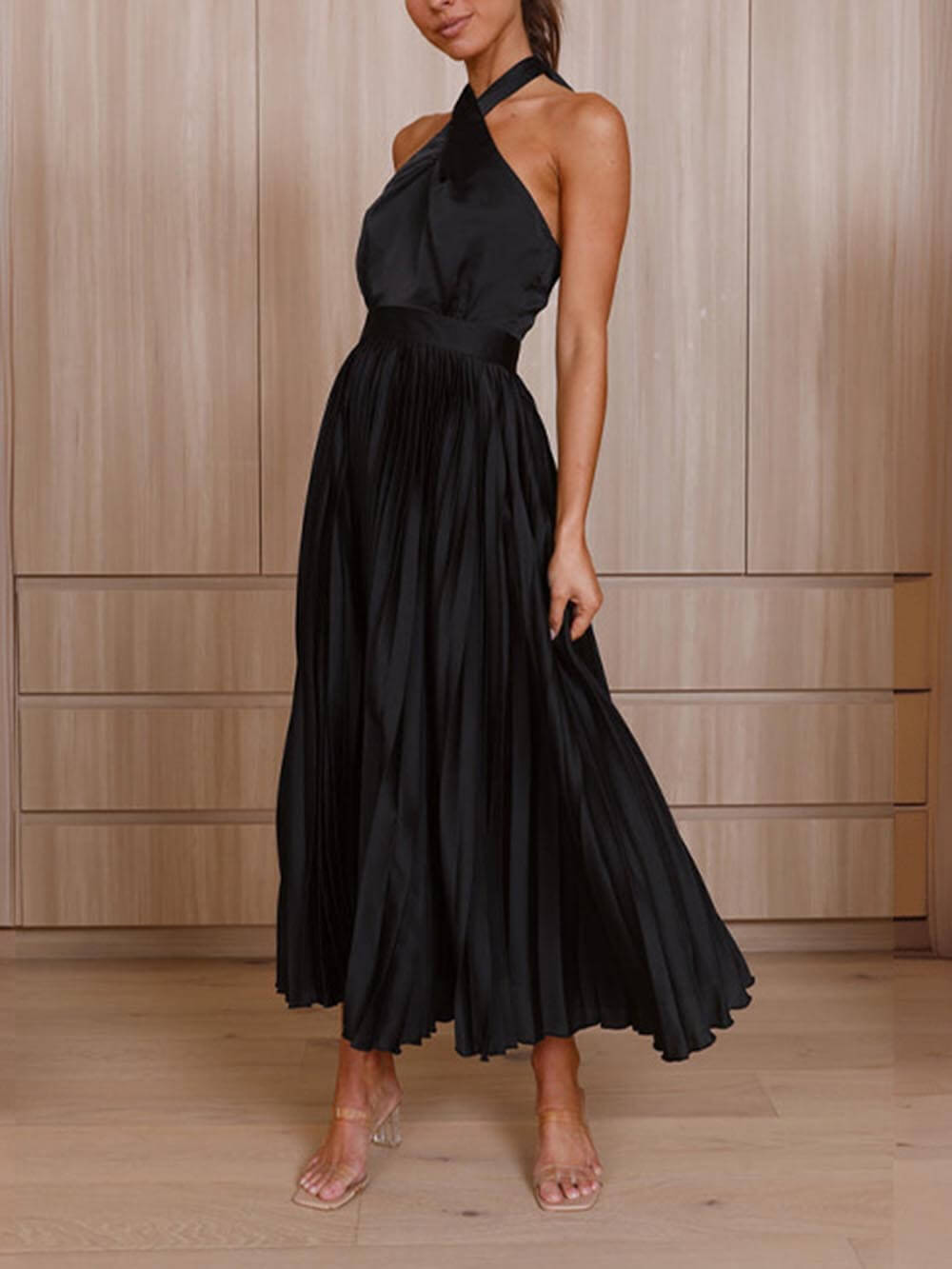 Neckline Pleated Vacation Party Midi Dresses - Fashionpara