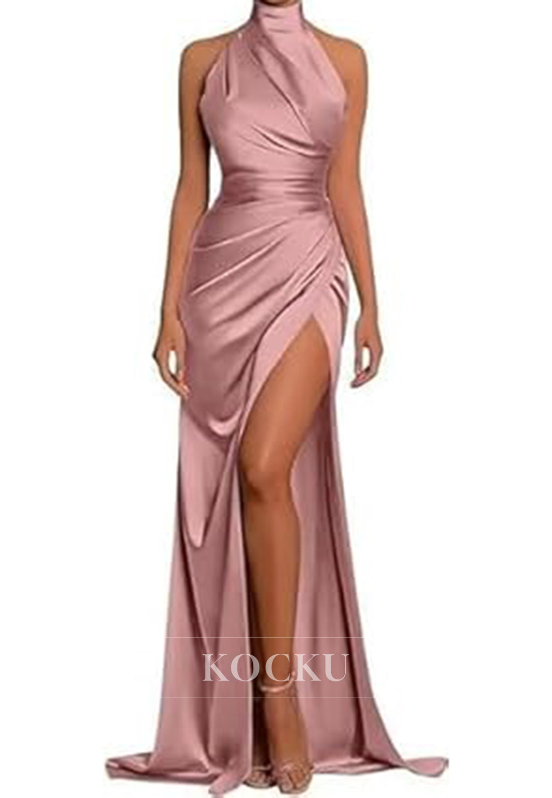 Classic & Timeless High Neck Split Ruched Satin Evening Party Prom Dress