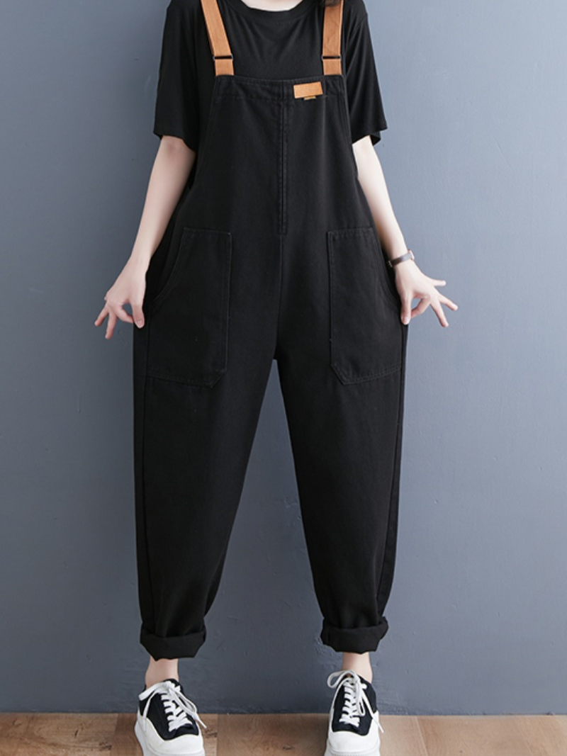 Denim Loose Shoulder Strap Large Size Black Overalls - Fashionpara