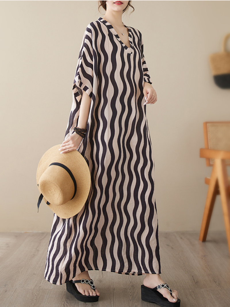 Wavy Stripe V-Neck Short Sleeve Kaftan Maxi Dress 5
