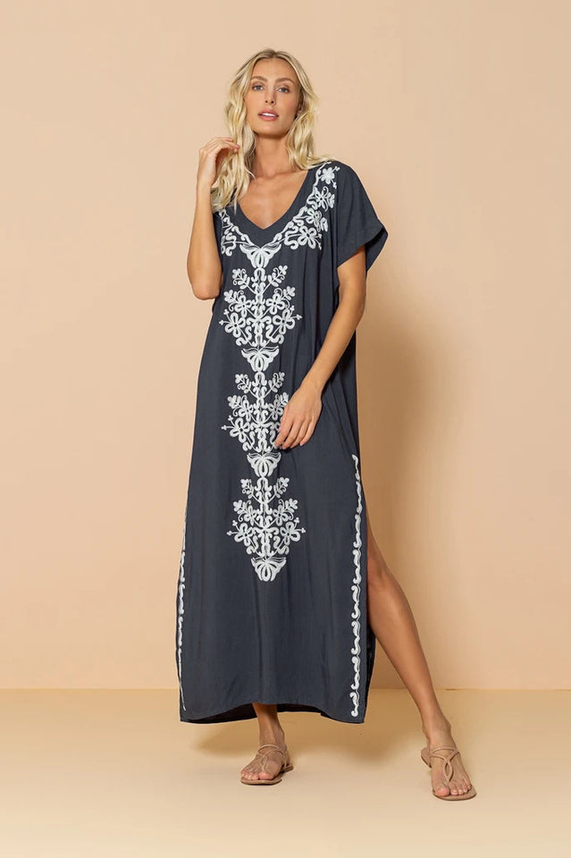 Embroidered V-Neck Short-Sleeve Kaftan Maxi Dress 46