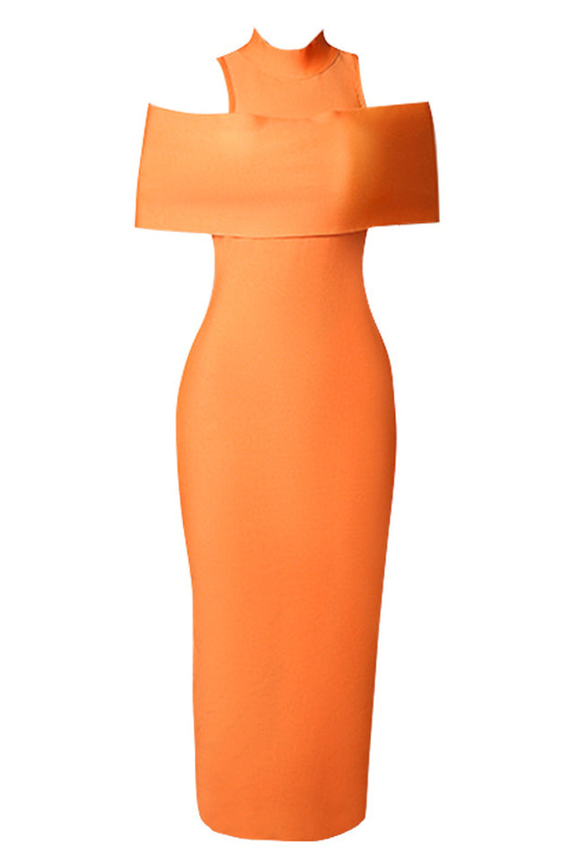 Cold Shoulder High Neck Foldover Bodycon Midi Dress