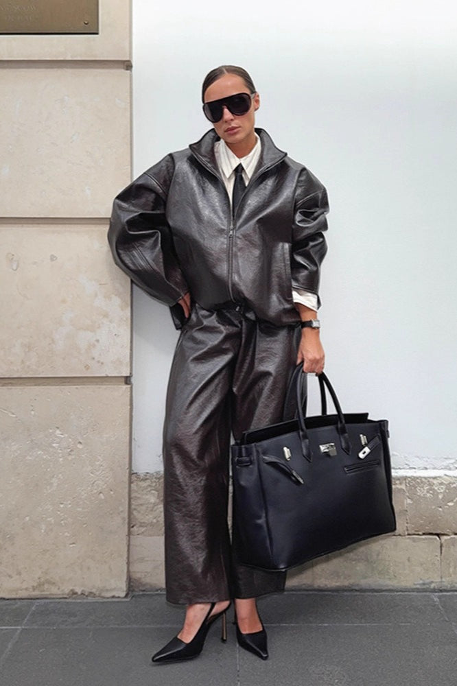 Chic Solid Patent Leather Stand Collar Jacket Skirt Two Piece Set