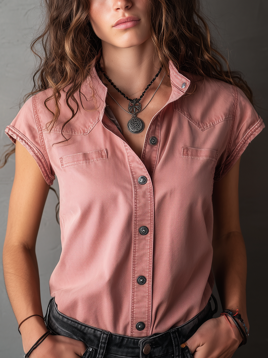 Vintage Crew Neck Short Sleeve Denim Blouse - Fashionpara