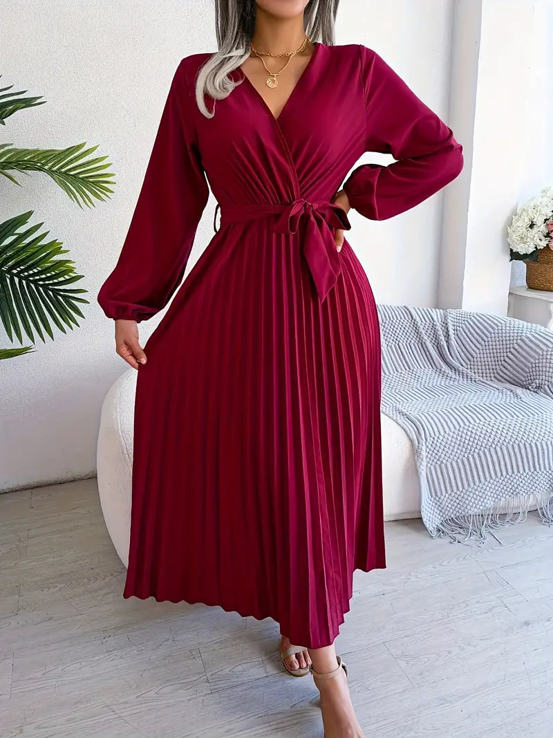 Wrap V-Neck Long Sleeve Pleated Tie Waist Maxi Dress
