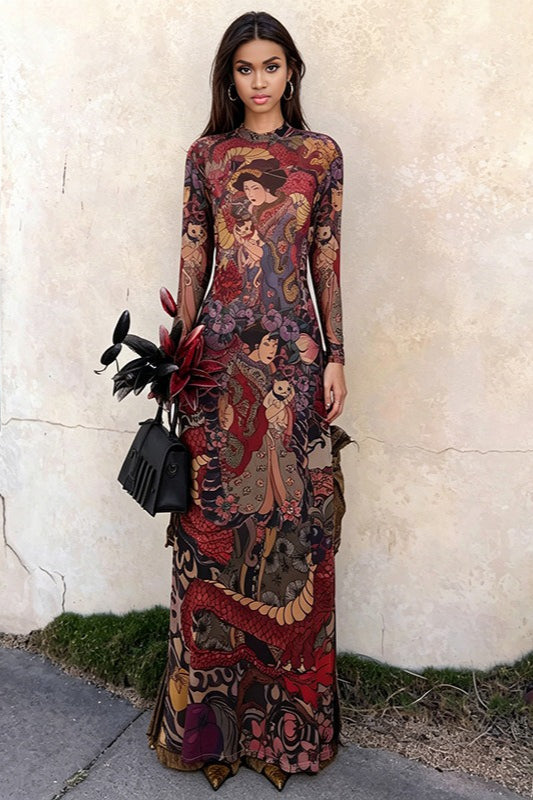 Graphic Print High Neck Long Sleeve Maxi Dress