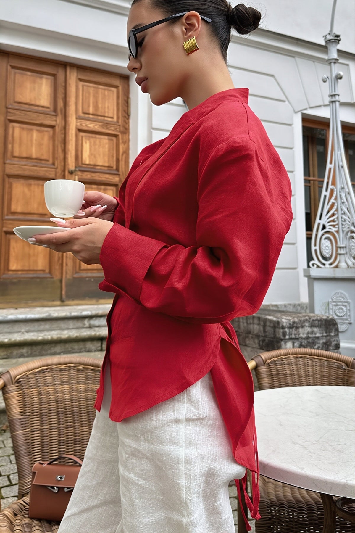 Scarf Tie Collared Button Blouse