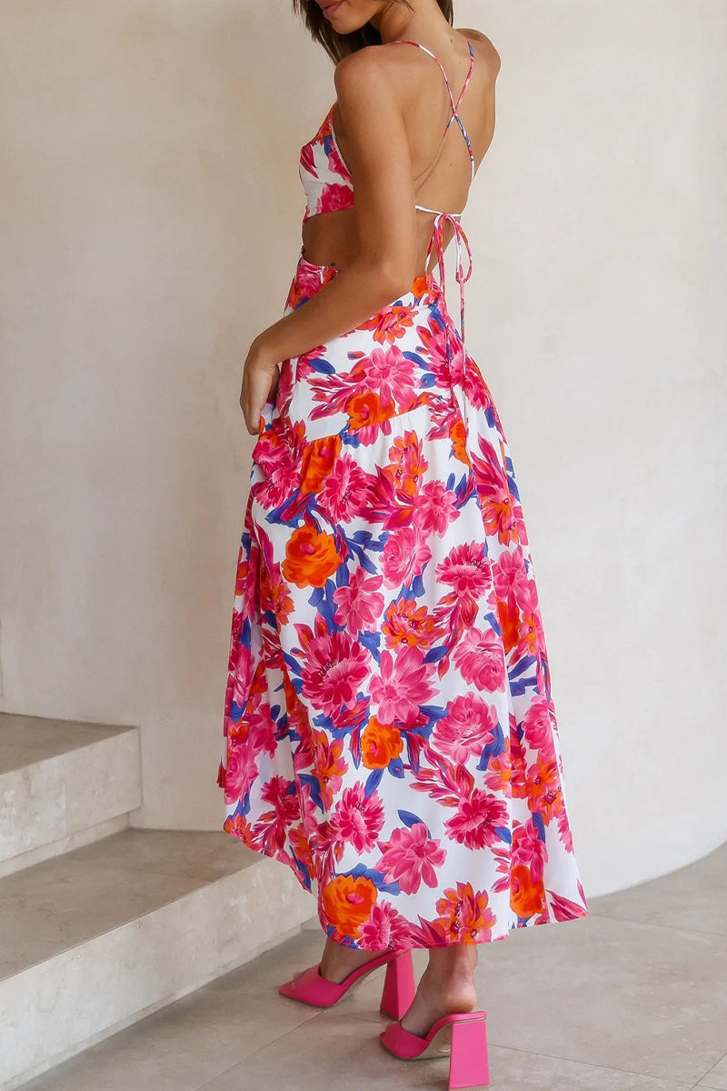 Floral Print One Shoulder Spaghetti Strap Side A-Line Midi Dress - View 3