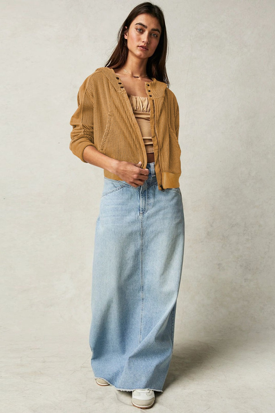 Waffle Texture Zip Front Cropped Hoodie