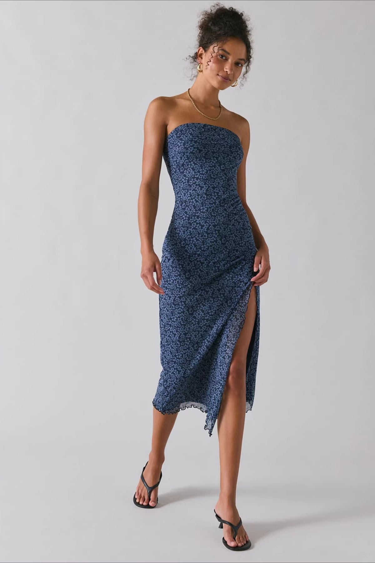 Gradient Print Mesh Strapless High Split Bias Midi Dress
