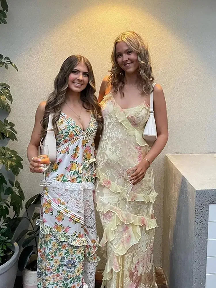 Mesh Spaghetti Strap V-Neck Tiered Ruffle Maxi Summer Dress - View 3