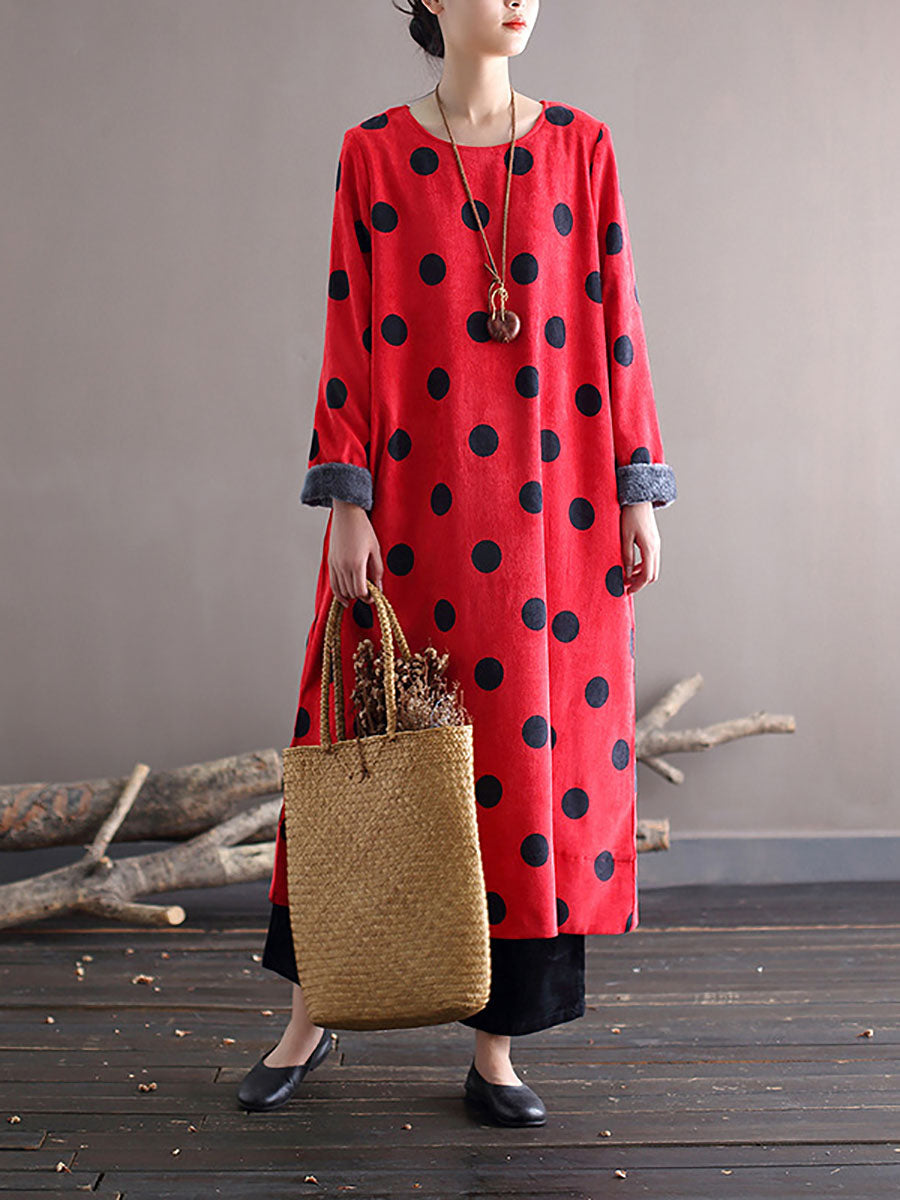 Polka Dot Corduroy Crew Neck Long Sleeve Oversized Midi Dress - View 4