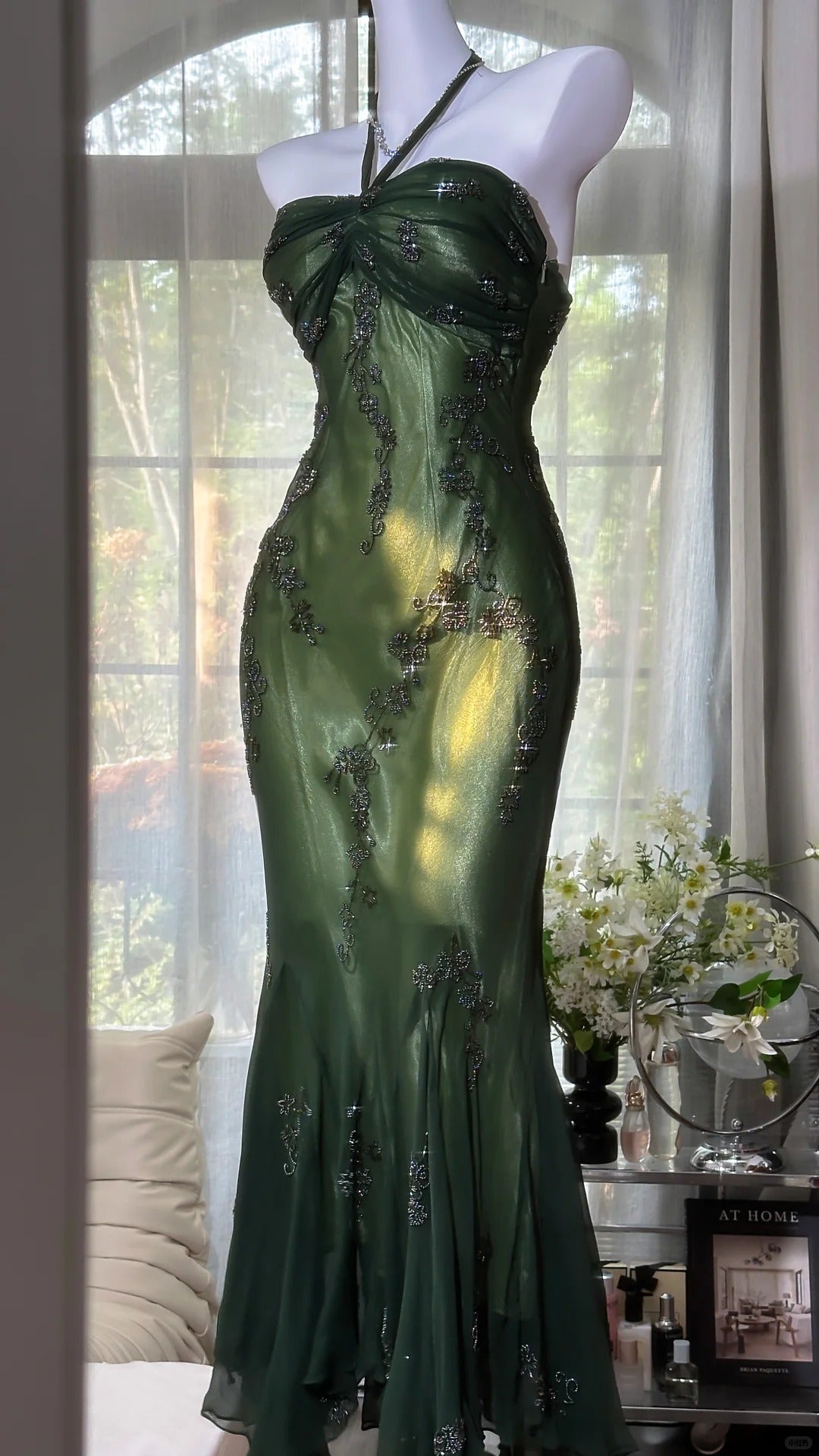 Luxury Dark Green Mermaid Bead Embroidered Chiffon Long Prom Dress Evening Dress P4032