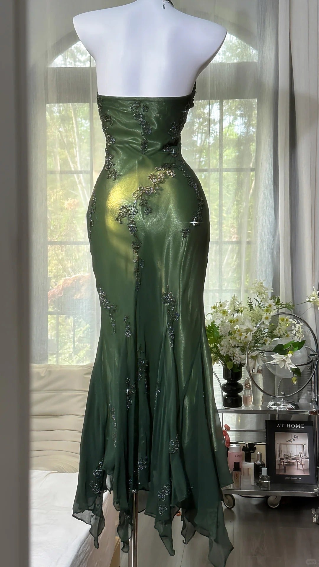 Luxury Dark Green Mermaid Bead Embroidered Chiffon Long Prom Dress Evening Dress P4032