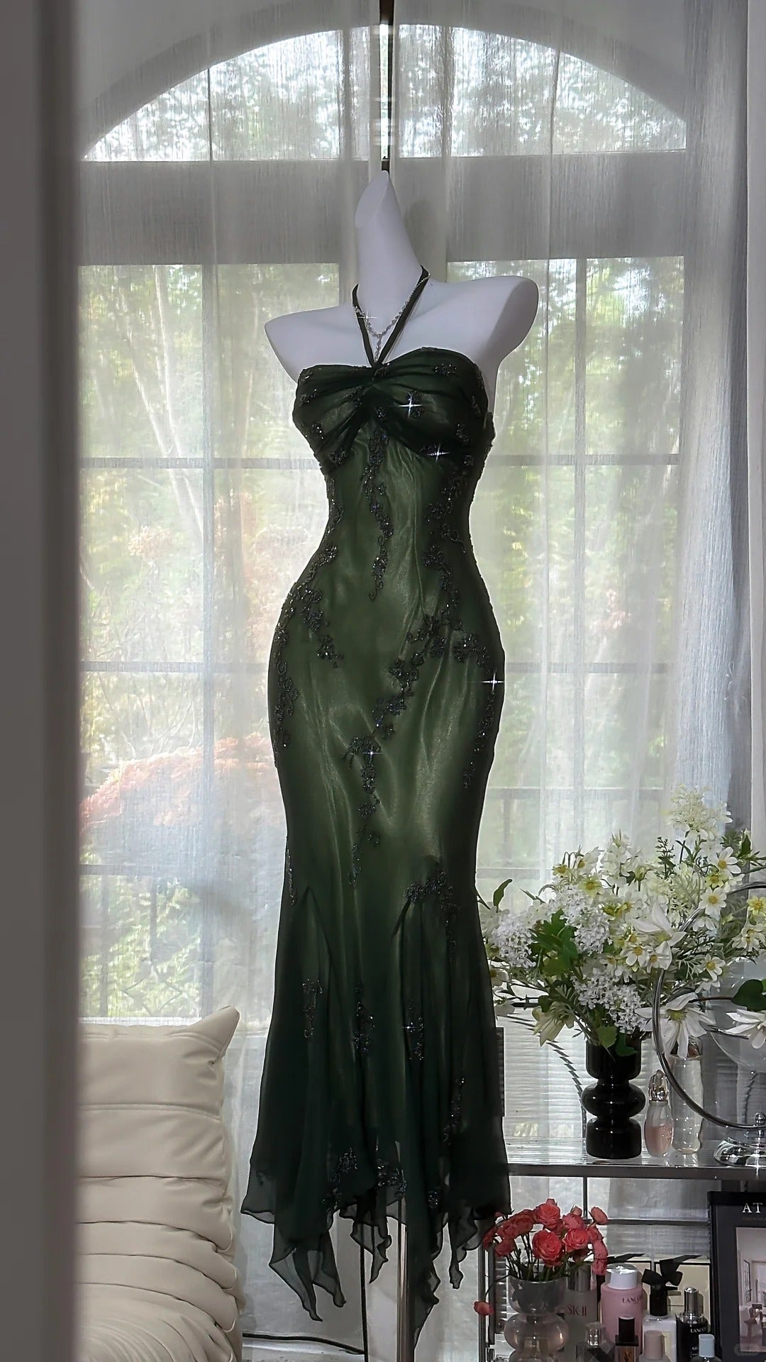 Luxury Dark Green Mermaid Bead Embroidered Chiffon Long Prom Dress Evening Dress P4032