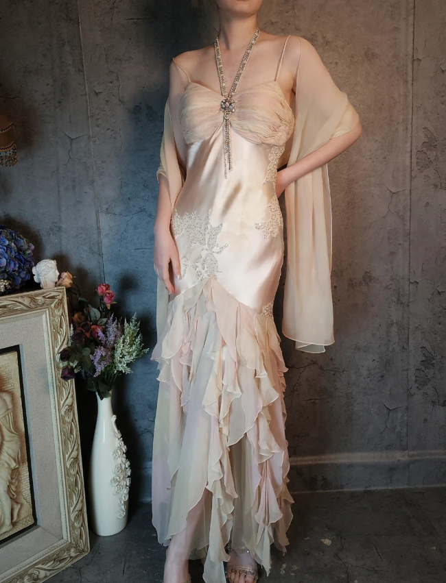 Elegant Light Pink Mermaid Beaded Layered Ruffled Satin Prom Dress Evening Dress P4321