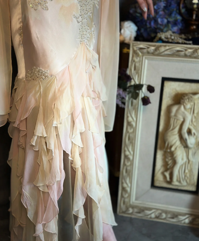 Elegant Light Pink Mermaid Beaded Layered Ruffled Satin Prom Dress Evening Dress P4321