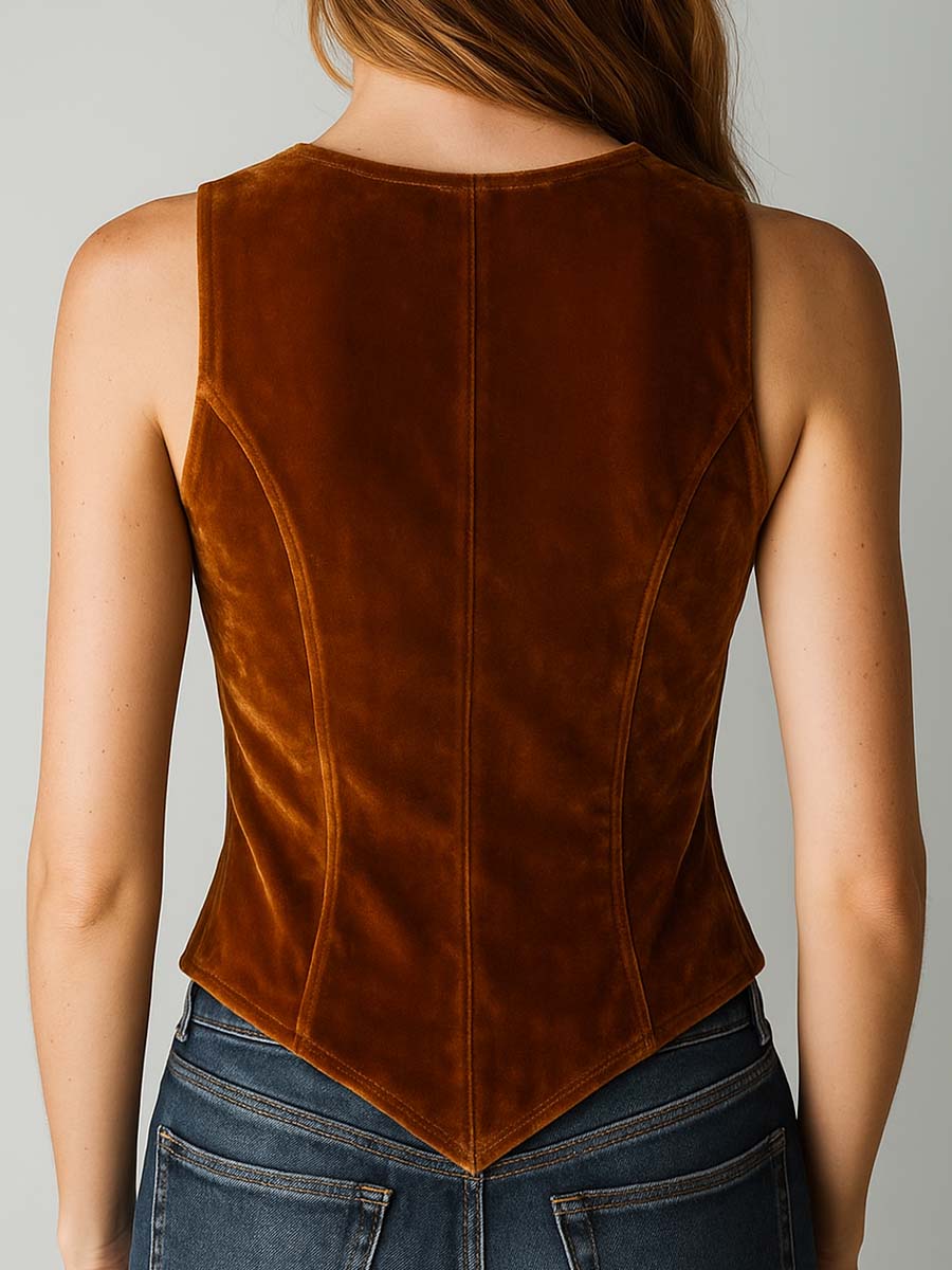 Caramel Velvet Embroidered Lace Trim Vest - Fashionpara