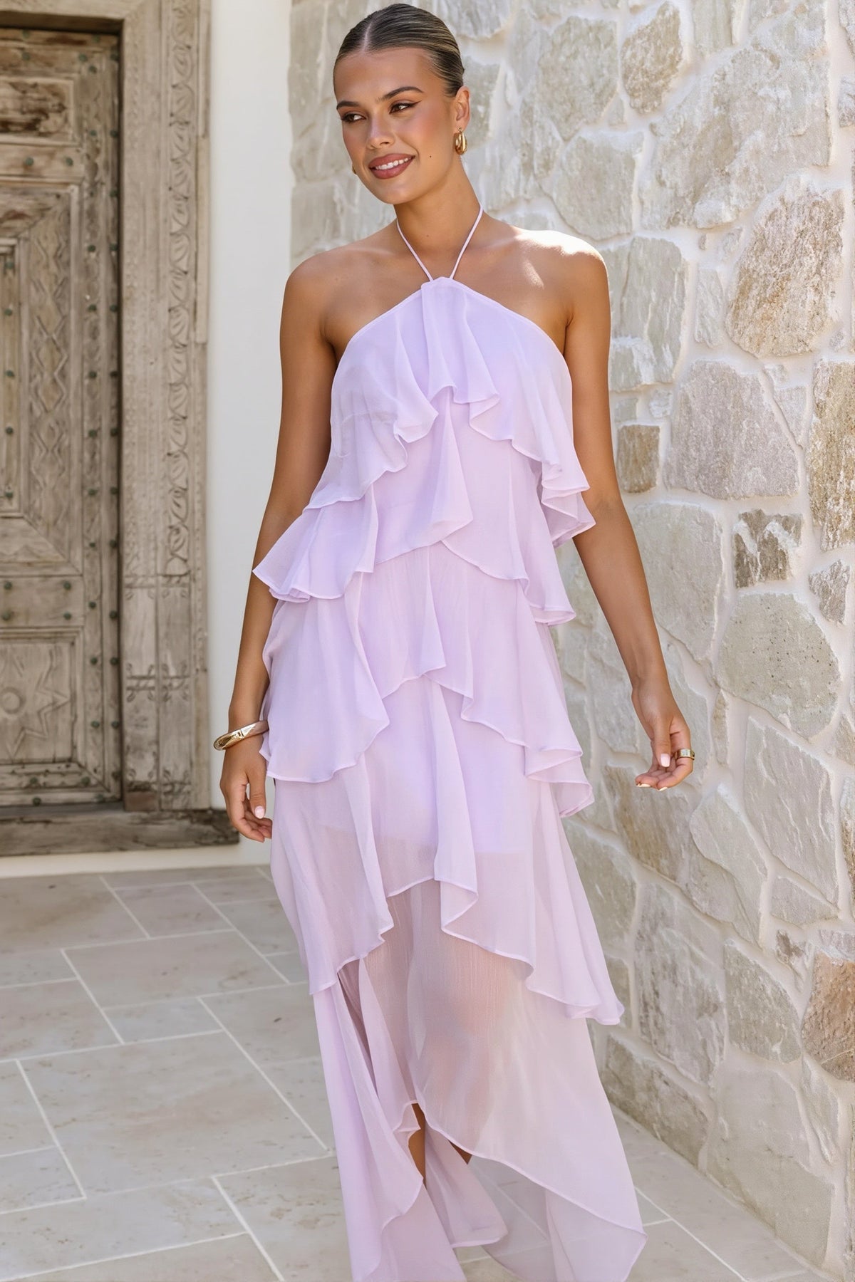 Floral Halter Tiered Ruffle High Low Midi Dress 8