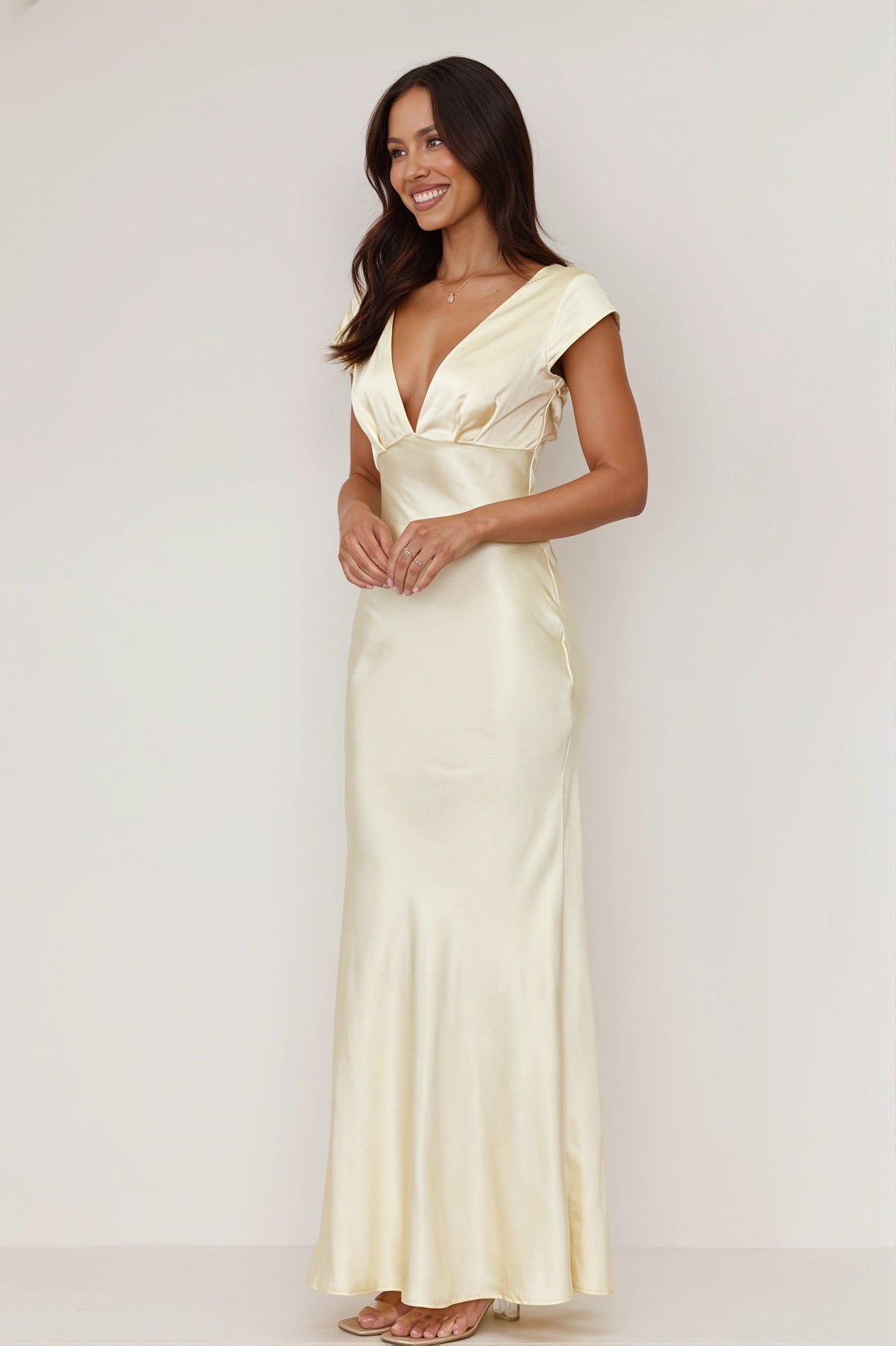 Satin Deep V-Neck Cap Sleeve Bias Cut Maxi Dress 5
