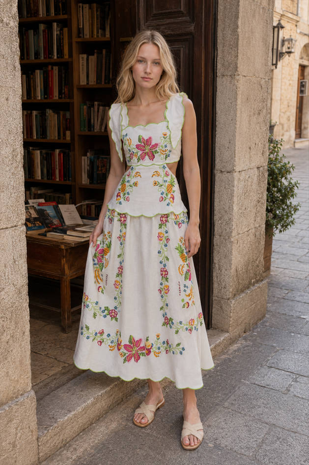 Floral Embroidered Crop Top and Midi Skirt Two Piece Set