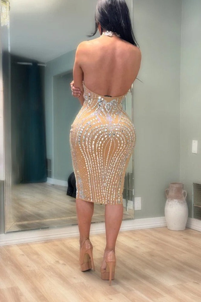 Rhinestone Embellished High-Neck Bodycon Midi Dress 4
