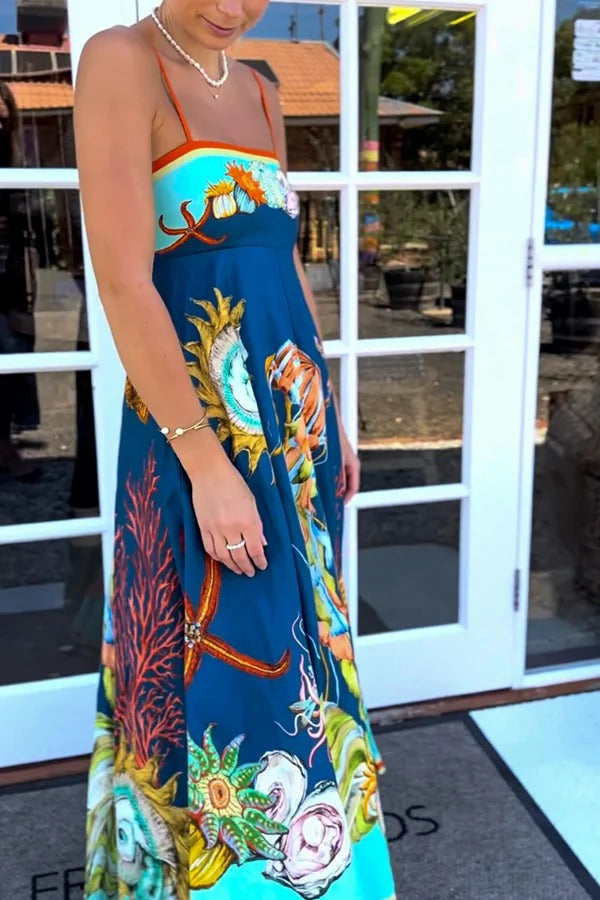 Linen Blend Unique Print Suspenders Back Pleated Pocket Resort Style Maxi Dress - Fashionpara