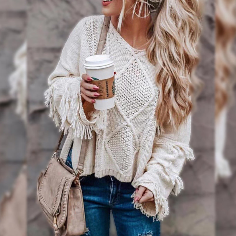 Round neck long-sleeved tassel solid color sweater