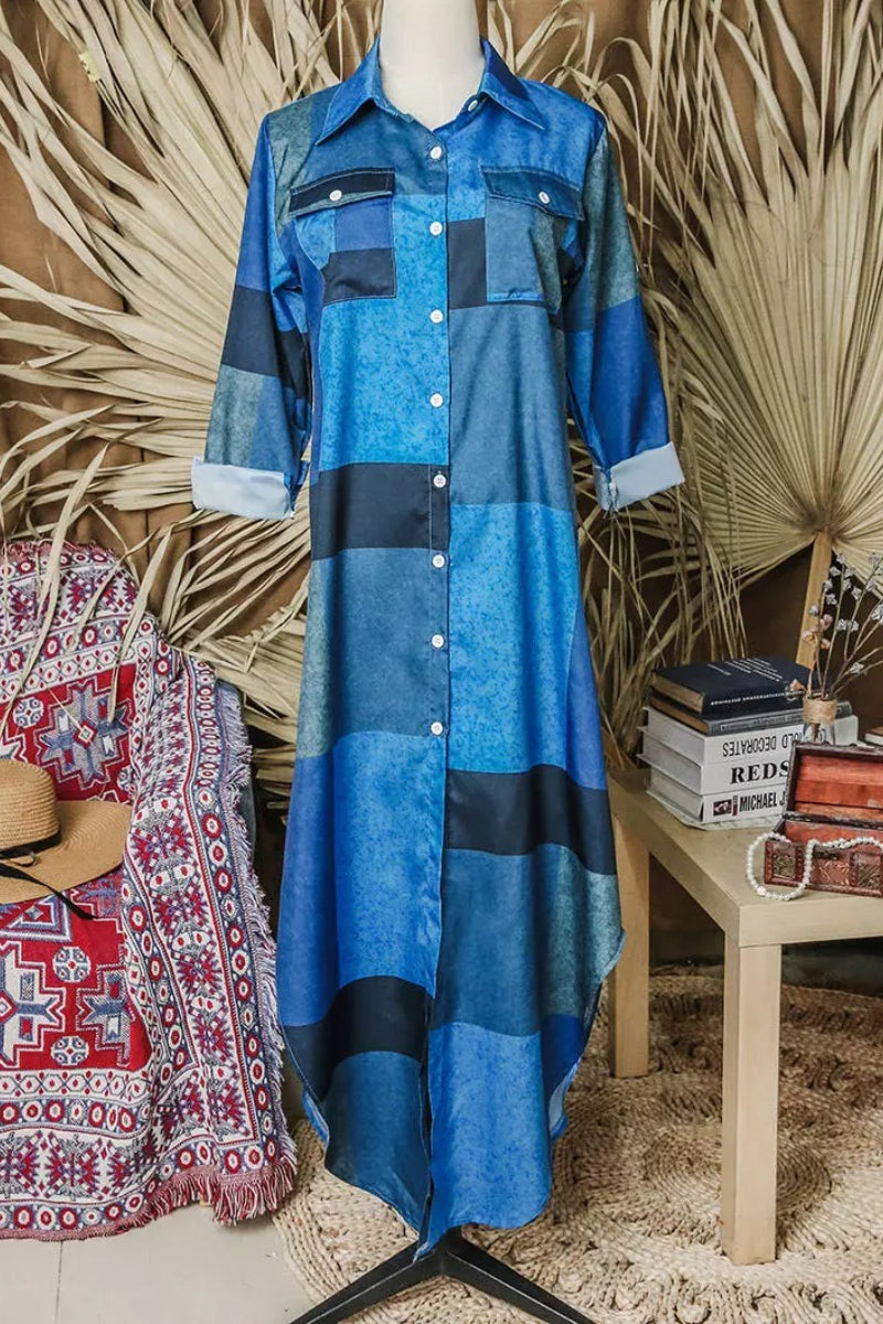 Color Block Pocket Turn-down Collar Asymmetric Maxi Dress