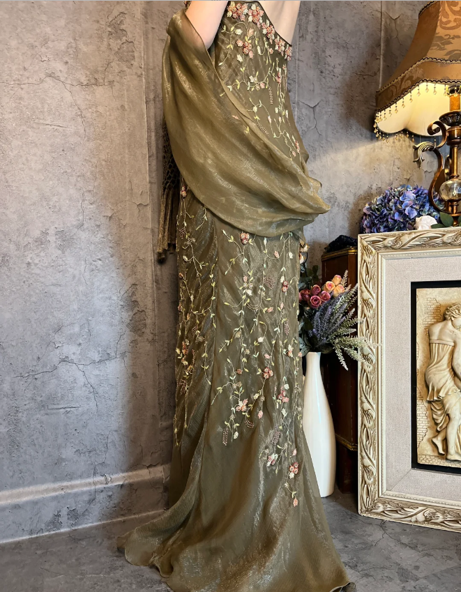 Vintage Green Mermaid Spaghetti Strap Deep V-neck 3D Floral Embroidery Long Prom Dress Evening Dress P4325