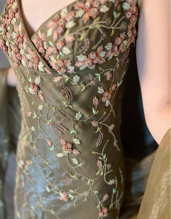 Vintage Green Mermaid Spaghetti Strap Deep V-neck 3D Floral Embroidery Long Prom Dress Evening Dress P4325