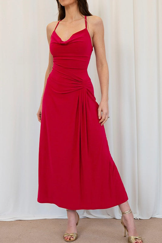 Satin Spaghetti Strap Cowl-Neck Ruched Maxi Dress