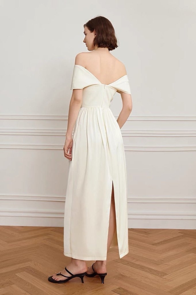 Off Shoulder Wrap Draped Bodice Gathered Waist Maxi Gown - View 4
