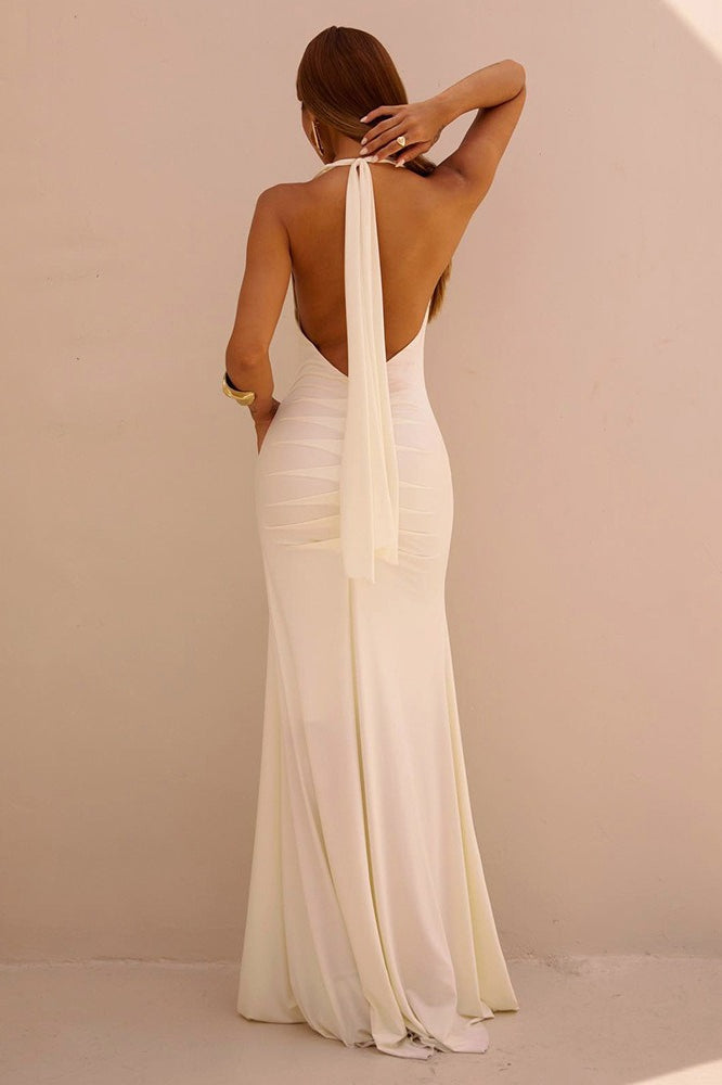 Deep V-Neck Halter Draped Knot Mermaid Maxi Gown
