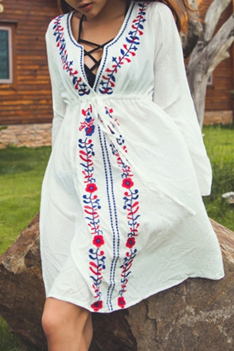Embroidered Bohemian Deep V Cover Up - Fashionpara