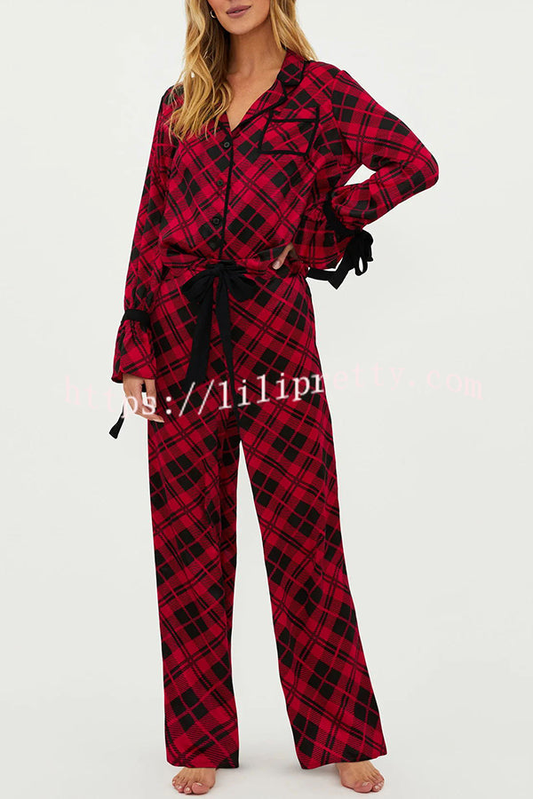 Holiday Movie Party Plaid Ribbon Detail Elastic Waist Pocketed Pajama Set - Fashionpara