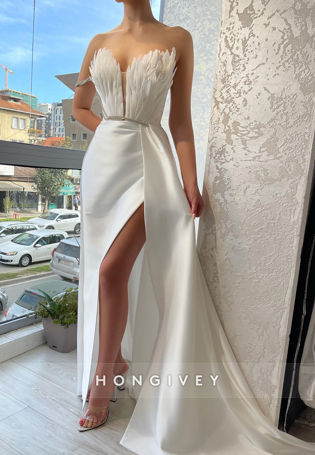 L1237 - Feathered Crystal Beaded Plunging Illusion With Train And Slit Evening Party Formal Prom Dress - Fashionpara