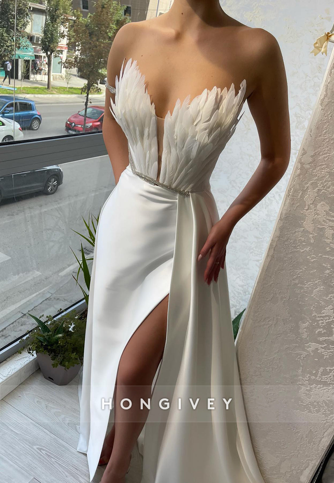 L1237 - Feathered Crystal Beaded Plunging Illusion With Train And Slit Evening Party Formal Prom Dress - Fashionpara
