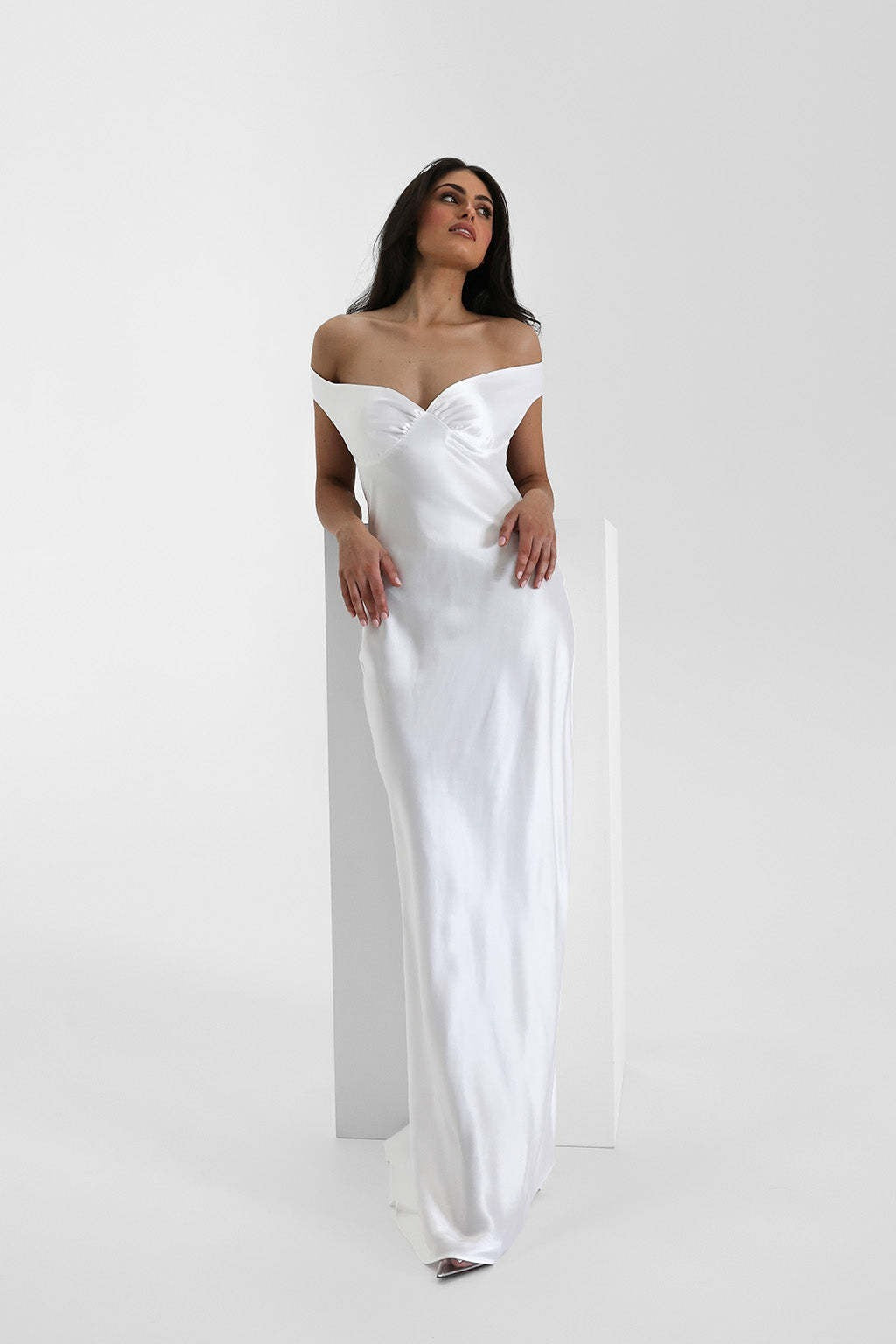 Satin Off Shoulder Sweetheart Slip Maxi Dress - View 6