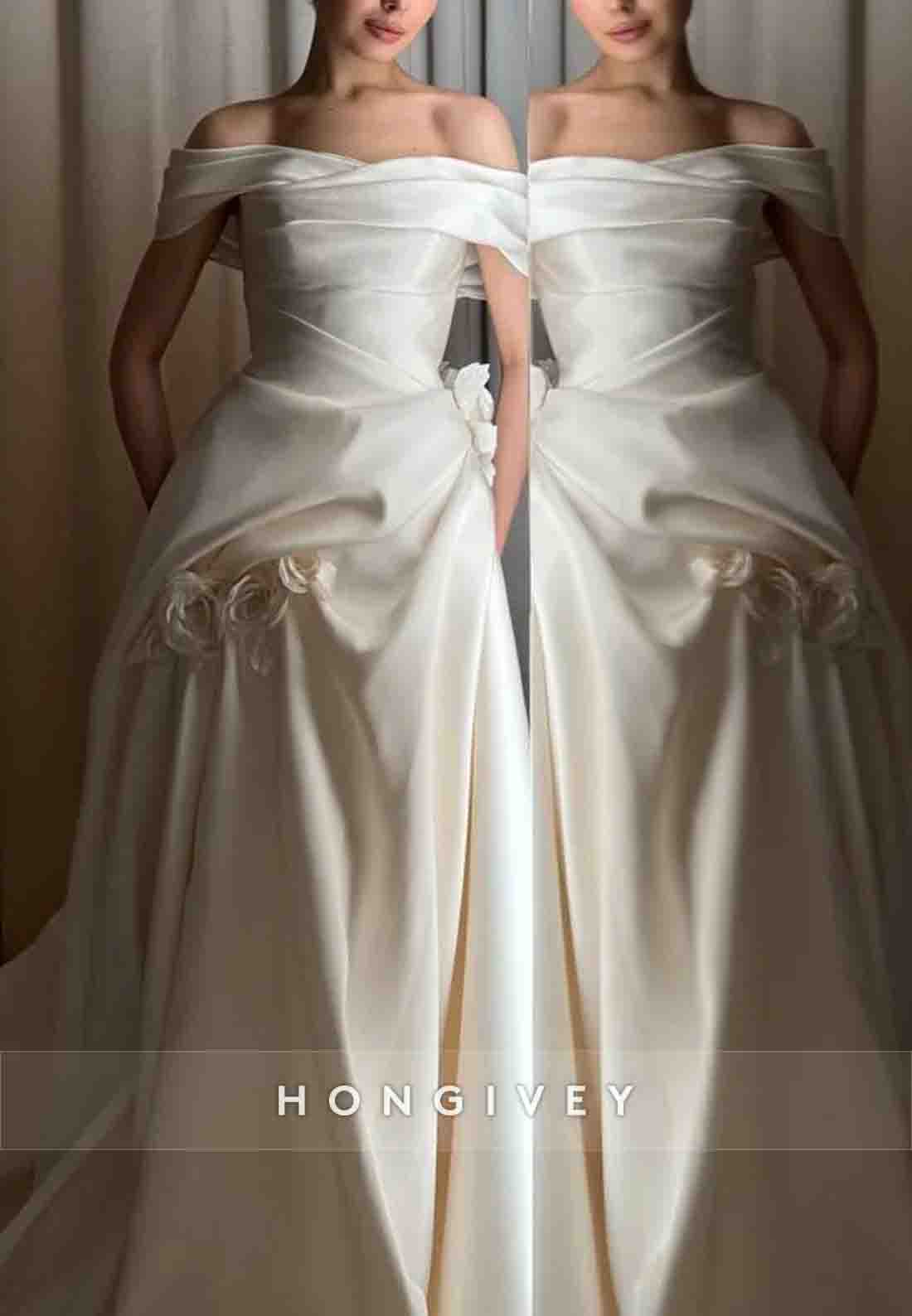 Flowers Chapel Train A-line Off the Shoulder Pleated Wedding Dresses
