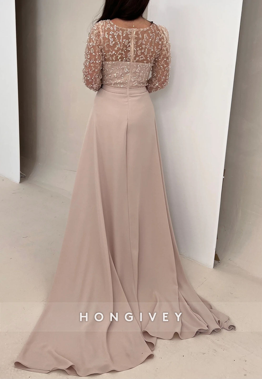 Trumpet Detachable Illusion Neck Evening Gown Satin Long Sleeve Formal Dresses