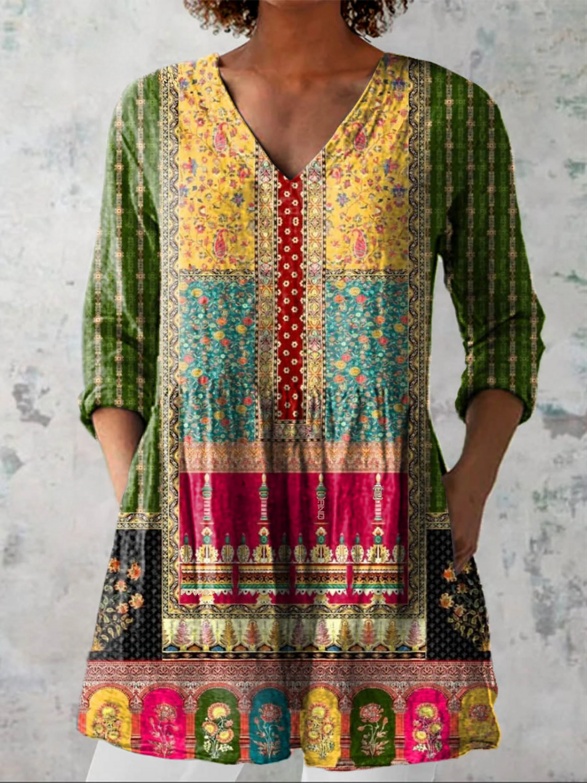Ethnic Patchwork Print V-Neck Long Sleeve Tunic Blouse