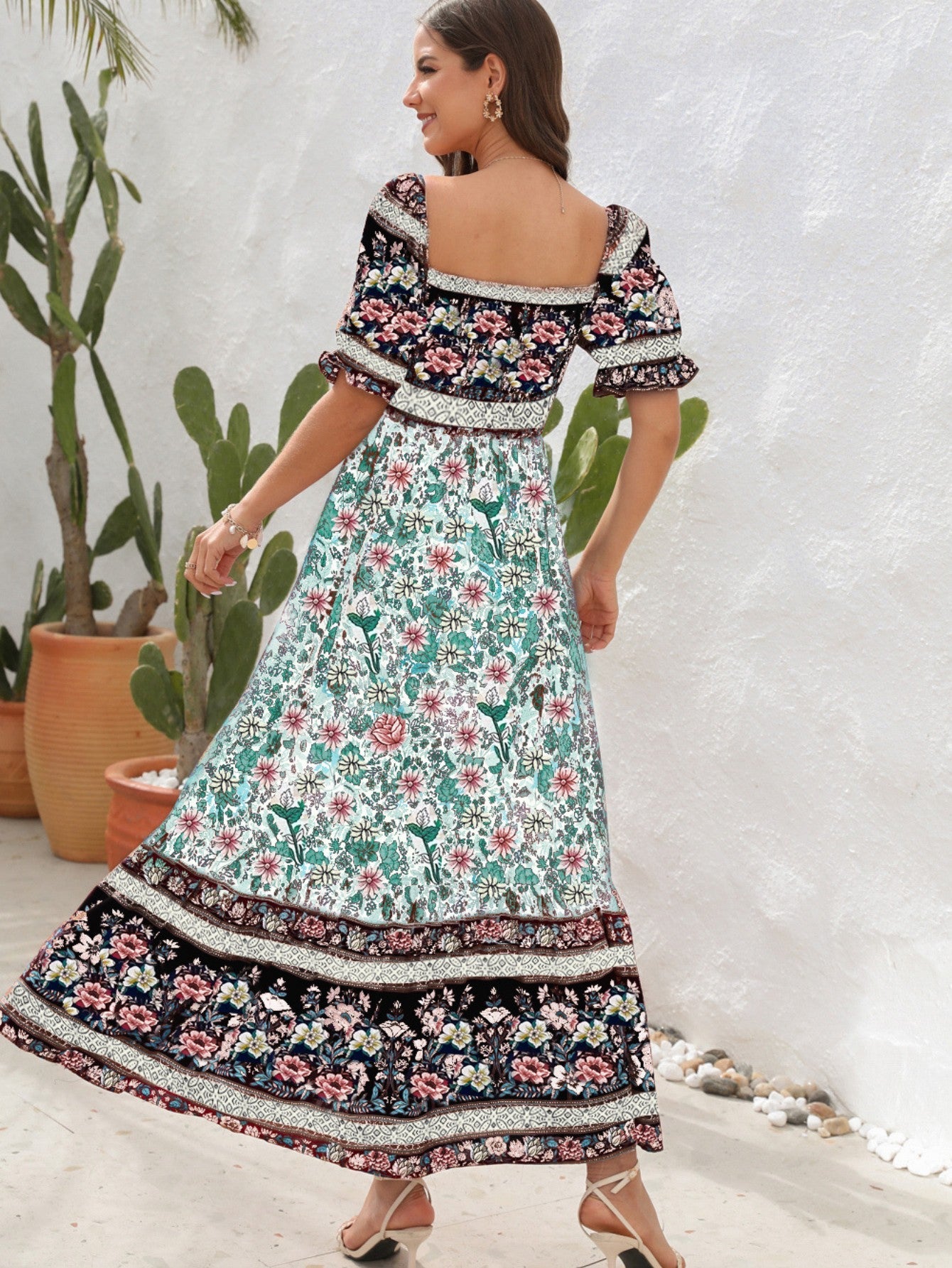 Blue Off The Shoulder Short Puffy Sleeves Long Summer Vacation Dress - Fashionpara