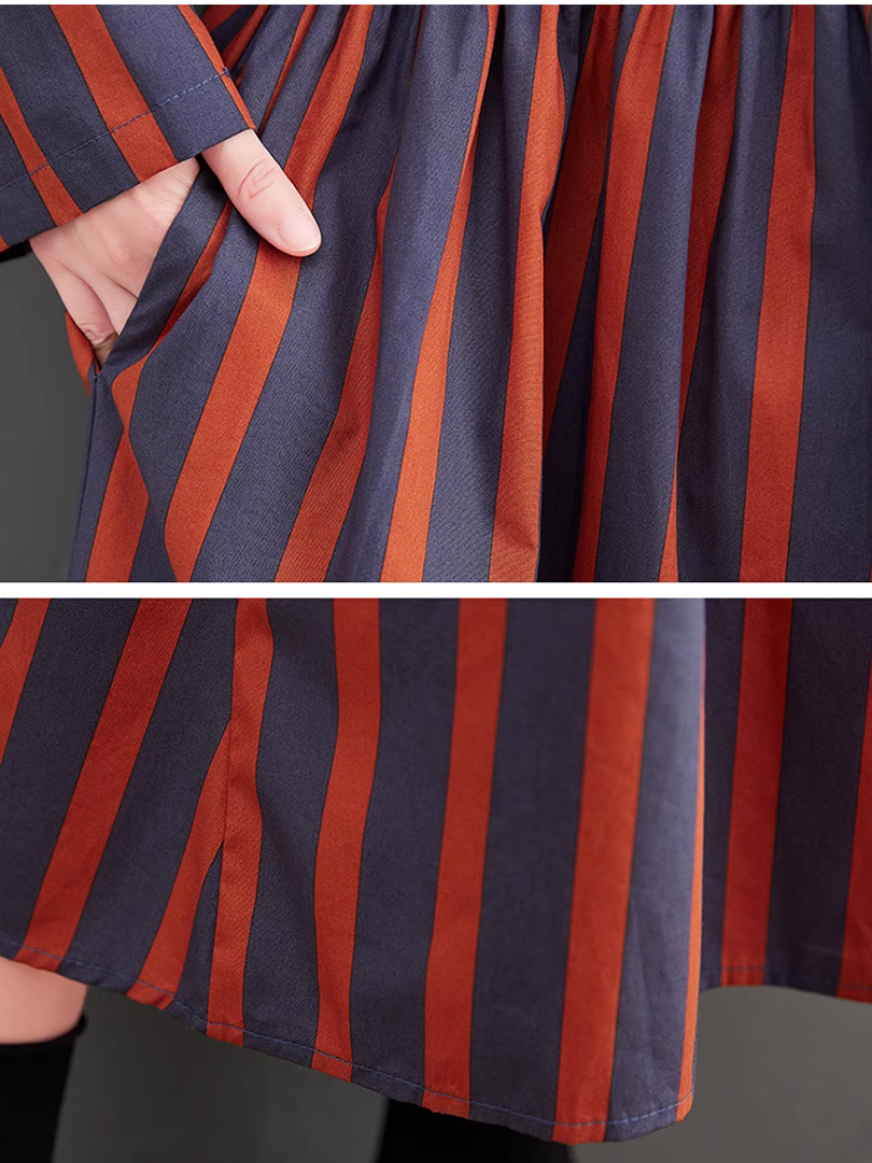 Striped Stand Collar Long Sleeve Zip-Front A-Line Midi Dress 7
