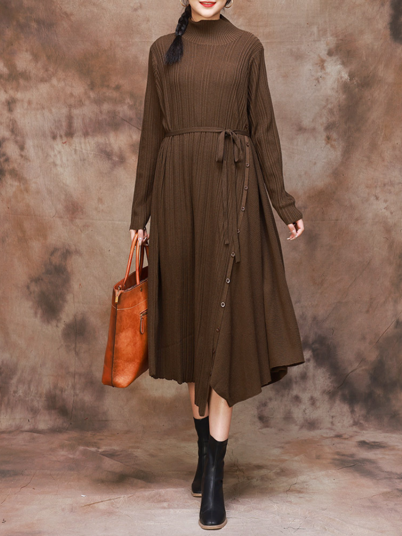 Solid Color Collar A-Line Dress with Thin Belt for Women - Fashionpara