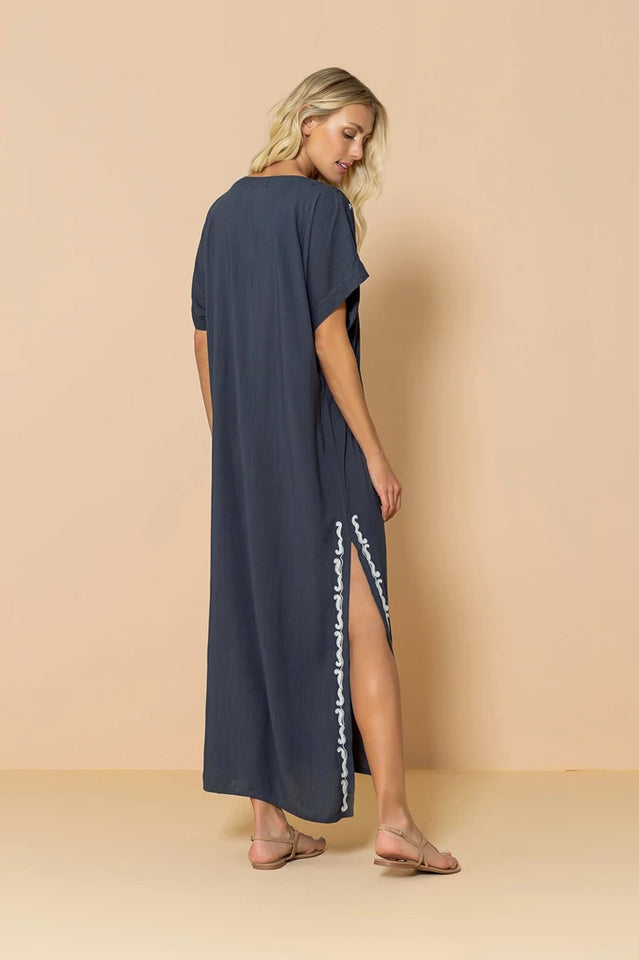 Embroidered V-Neck Short-Sleeve Kaftan Maxi Dress 47