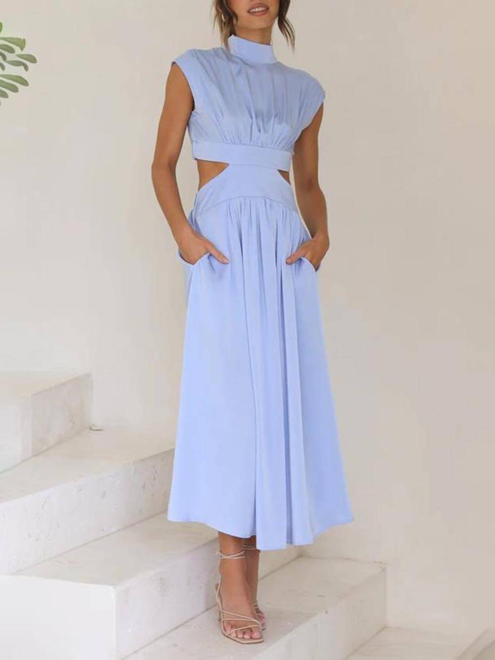 Cutout Waist Pocketed Vacation Midi Dress - Fashionpara